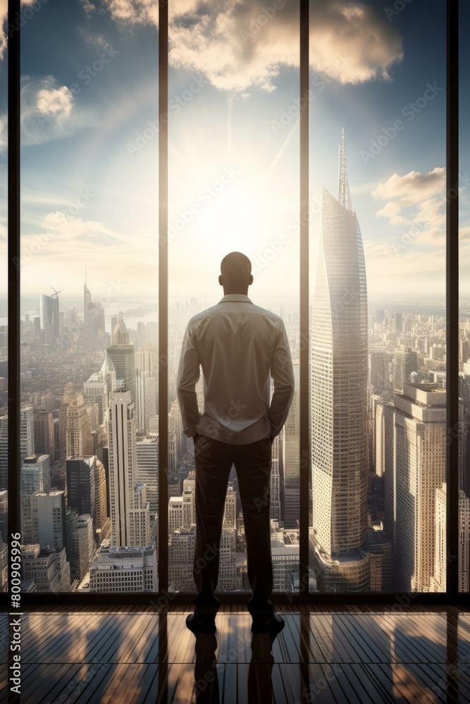 Businessman looking at the city from the top of a skyscraper