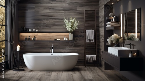 Bathroom interior with dark wood walls  white bathtub and stylish accessories