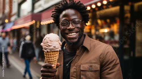 A young African-American man is eating an ice cream cone on the street