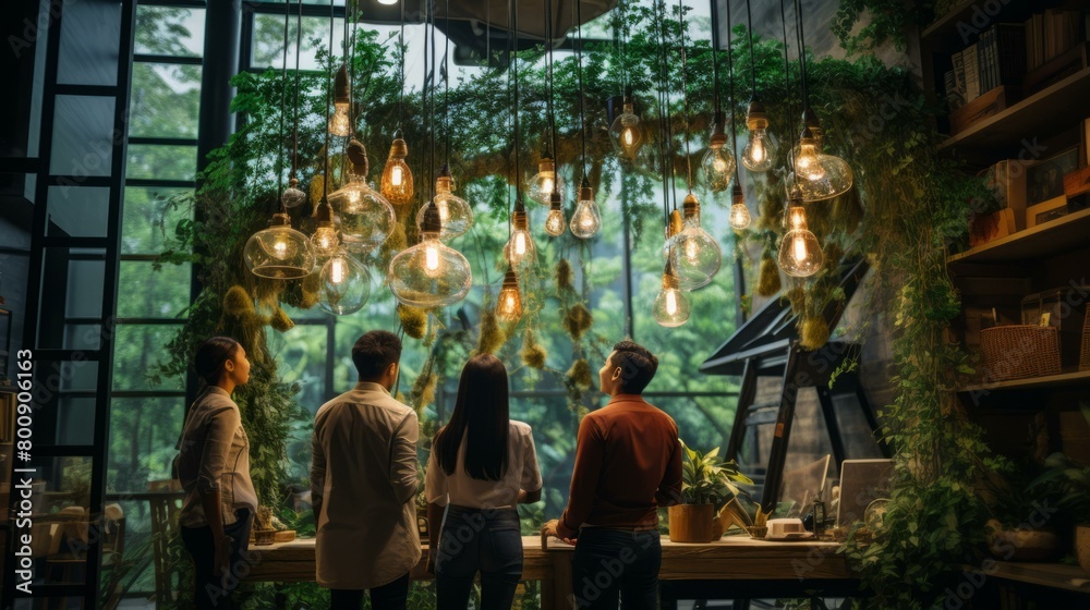 Four people in a greenhouse looking at the plants