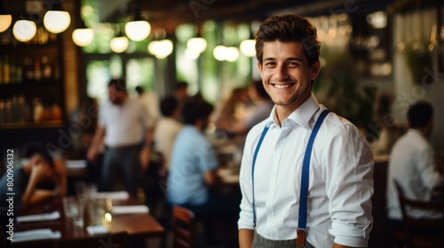 Portrait of a young male wearing suspenders in a restaurant