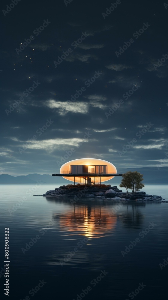 Obraz premium futuristic lakeside house design surrounded by mountains and trees