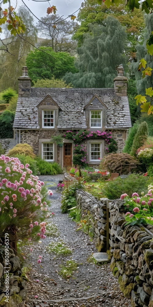 Obraz premium Stone cottage in the countryside surrounded by trees and flowers
