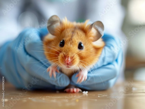 Close-up of a laboratory mouse in gloved hands photo
