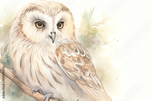 An owl with piercing yellow eyes is perched on a branch. The owl's feathers are a mottled brown and white, and the background is a soft green. photo