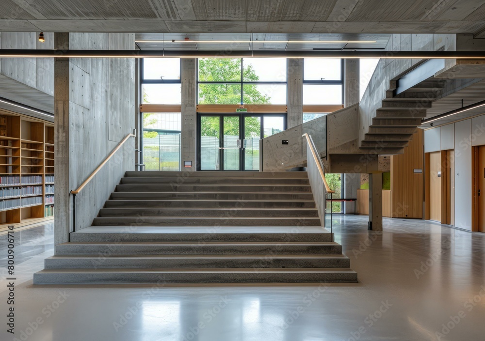 Obraz premium University library with large concrete staircase and glass entrance doors