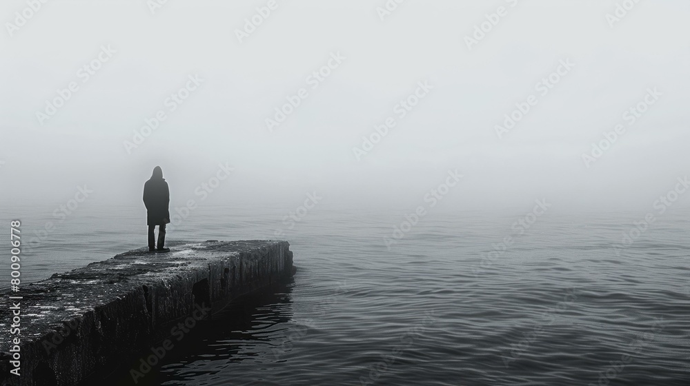 Man standing alone on a pier in the middle of a foggy sea