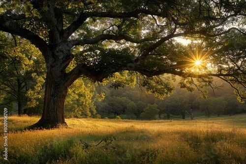 AI generated illustration of a majestic oak tree in golden grass during sunset  in summer