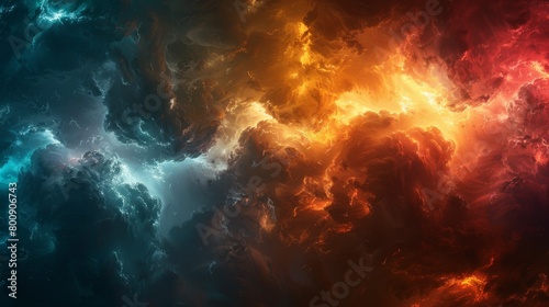 Dark green, blue, yellow, orange red storm clouds. Dramatic ominous night sky background. Hurricane wind clouds and rain. Luminous fire flame. Mystical fantasy. Or epic horror apocalyptic concept. photo