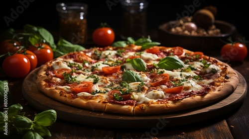 A delicious pizza with fresh tomatoes, basil, and mozzarella cheese