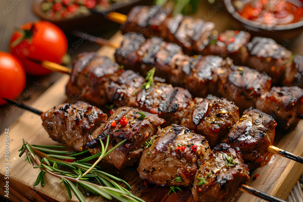 A mouth-watering image of grilled meat skewers, shish kebab, perfect for summer barbecues and outdoor picnics.