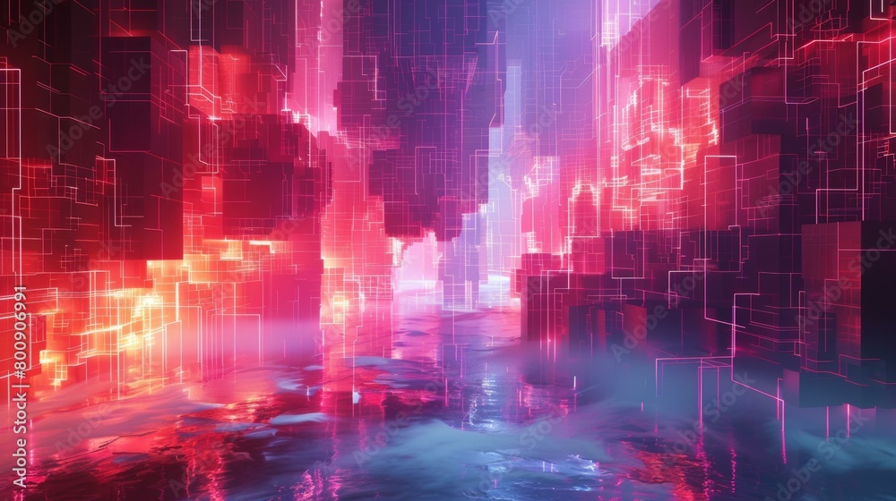 Obraz premium Red and blue glowing city in water with fog