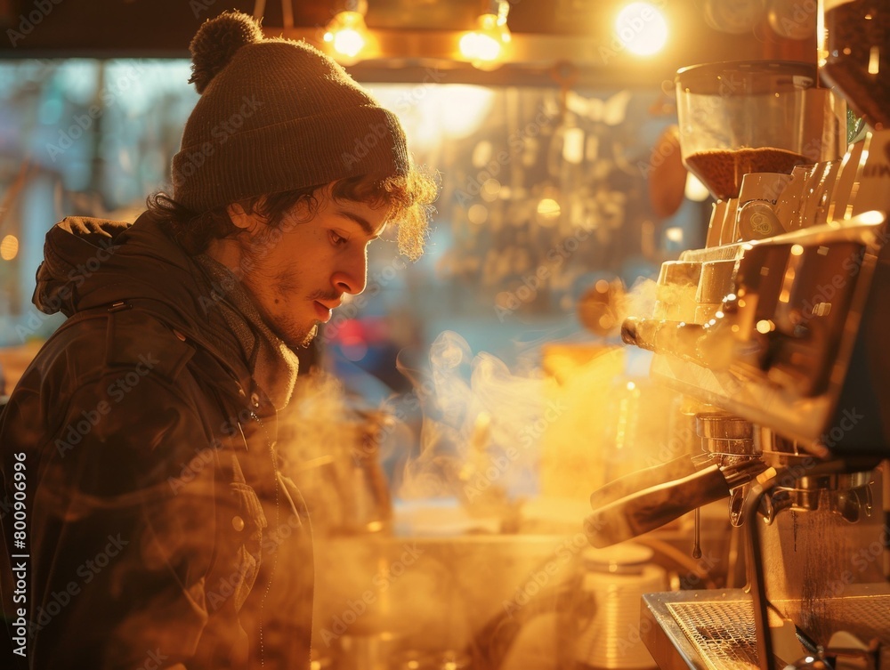 Barista making coffee with a coffee machine