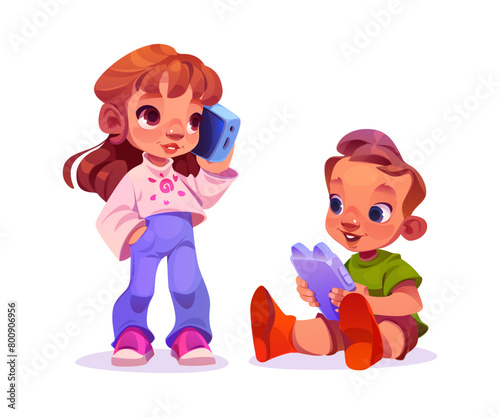 Kid play and talk with mobile phone. Little boy sitting with device in hands and girl standing and holding gadget near ear. Cartoon vector illustration of children using smartphone for game and speech