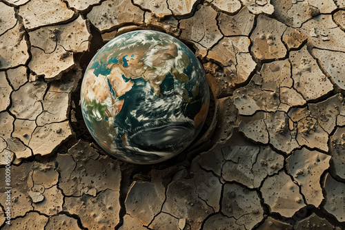Earth as a globe surrounded by deeply cracked, dry terrain.