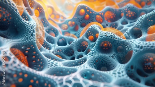 Blue and orange 3D rendering of a bumpy surface with holes