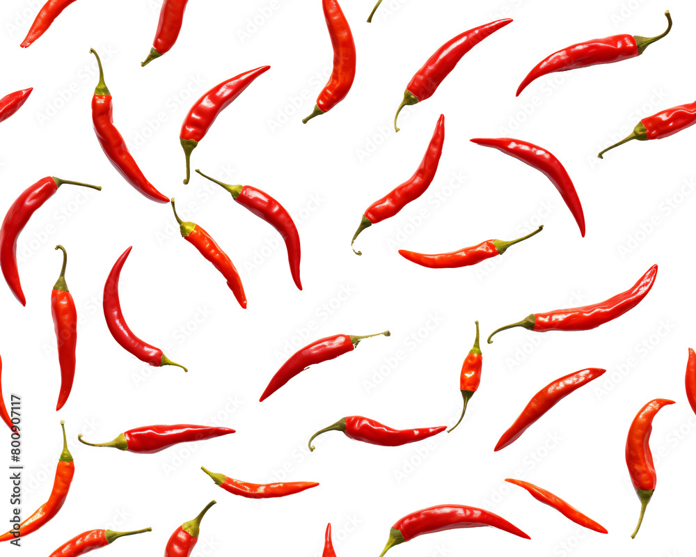 Multiple red chili peppers scattered in a random pattern, floating on a transparent background, showcasing spicy vibrance. Generative AI Multiple red chili peppers scattered in a random pattern, floating on a transparent background, showcasing spicy vibrance. Generative AI