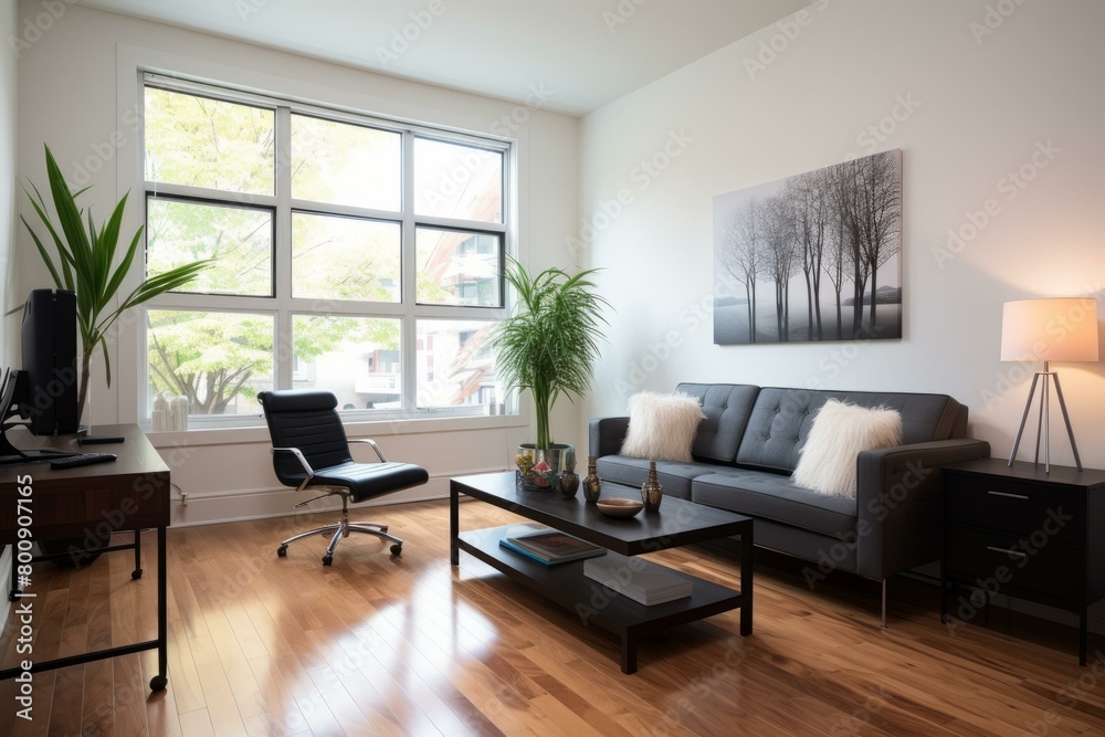 Fototapeta premium A modern living room with a large window, a gray sofa, and a coffee table