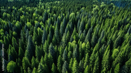 A bird's eye view of a lush green coniferous forest photo