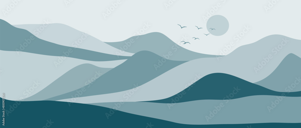 Blue Mountain landscape. Vector illustration of Winter Mountains landscape. mountains, hills, sunrise and sunset