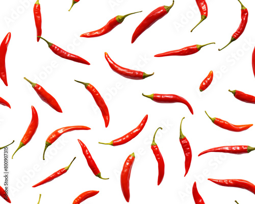 Multiple red chili peppers scattered in a random pattern, floating on a transparent background, showcasing spicy vibrance. Generative AI
