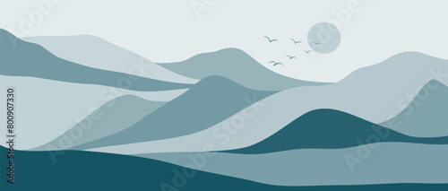 Blue Mountain landscape. Vector illustration of Winter Mountains landscape. mountains, hills, sunrise and sunset © gina