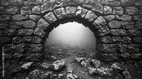 A black and white grunge background with an old wall stone, a grunge wide banner with a darker gray geometric stone pattern, and an ancient gate arch castle fortress wall in a fantasy state.