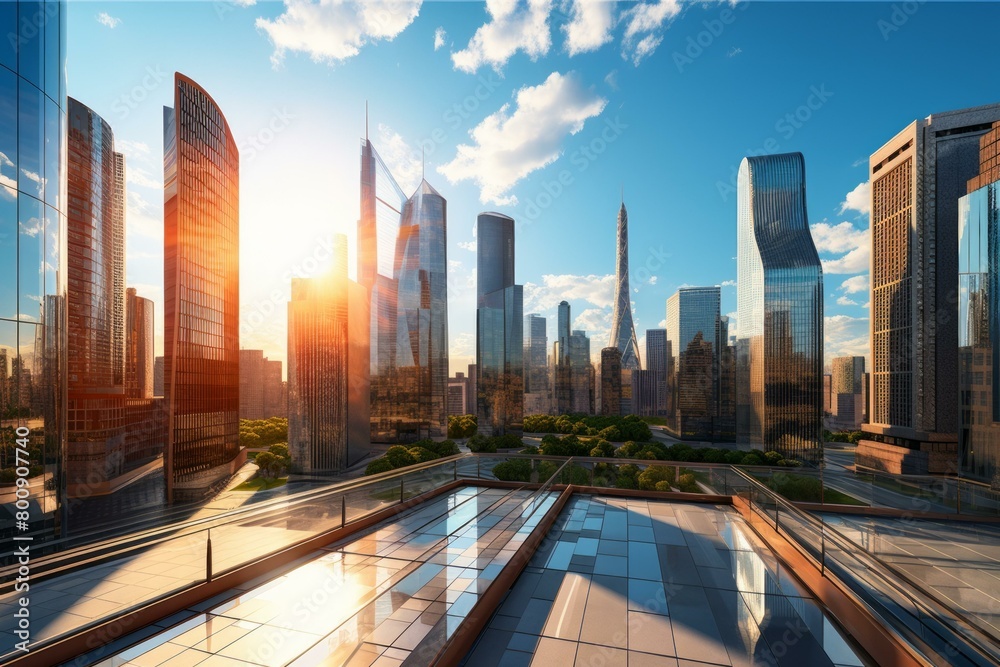 Fototapeta premium A stunning view of a modern city with skyscrapers and a beautiful sunset