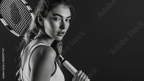 Elegant Tennis Player: Minimalist Black and White Photo
