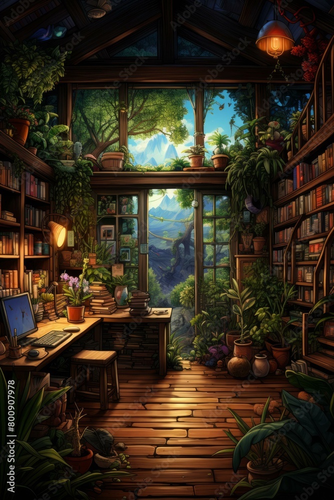 A cozy home library filled with plants and books A cozy home library filled with plants and books