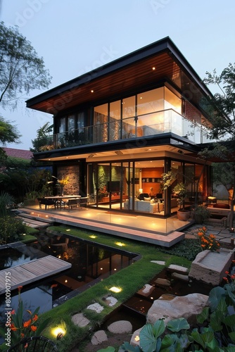 Modern House Exterior With Garden And Pond