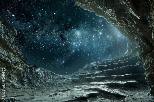 Rocky cave entrance showing a starry night sky