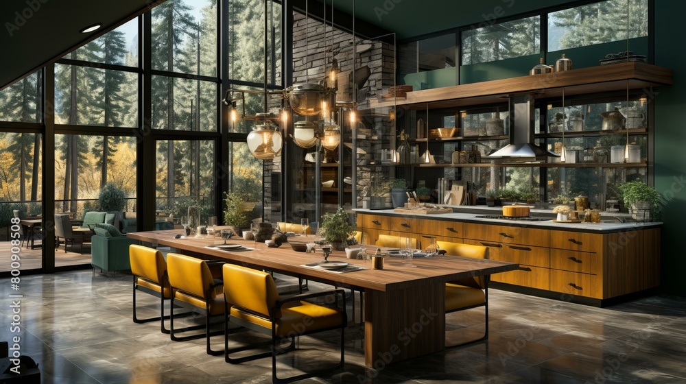 kitchen dining room with forest view