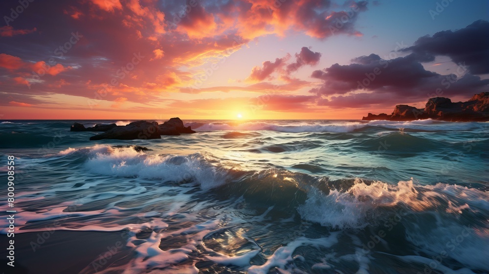 Sunset over the sea with waves crashing on the rocky shore