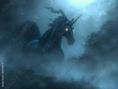 A mysterious dragonunicorn emerging from fog, with glowing eyes and a radiant horn, in a dark, eerie forest setting , 3DCG