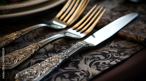 Ornate silverware on a fancy tablecloth photo