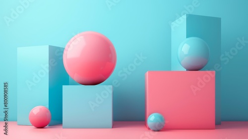 Pink and blue pastel 3D rendering of spheres and rectangular prisms