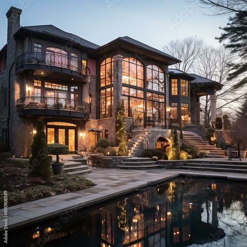 A luxurious mansion with a pool and a beautiful landscape © Adobe Contributor