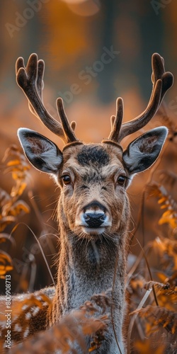 A majestic deer stands in the middle of a forest photo
