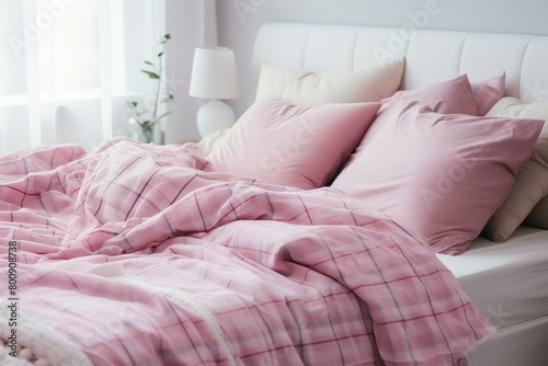 A Cozy Bedroom with Pink Bedding and a White Bed Frame