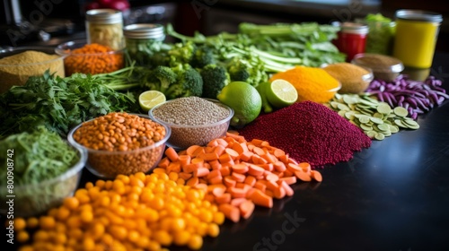 A variety of colorful lentils  beans  and other healthy food ingredients on a black table.
