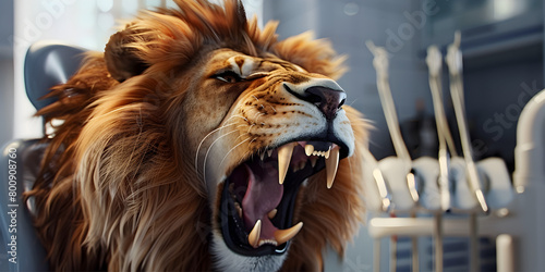 
Lion in zoo Roaring lion attack on city street closeup of rabid dangerous animal aggressive angry predator. photo