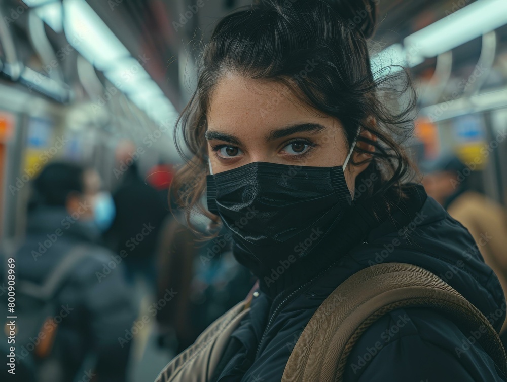 A young woman wearing a mask on a subway train A young woman wearing a mask on a subway train