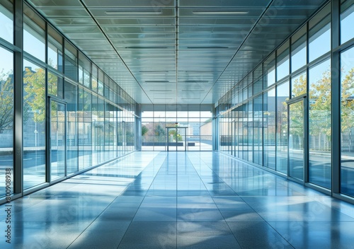 Modern empty glass office building interior with tiled floor and large windows