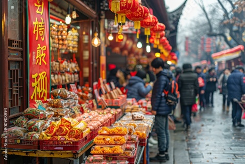 A bustling Chinese street market with people shopping for food and other goods