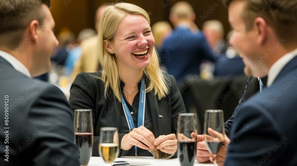 Business people talking and laughing at a conference Business people talking and laughing at a conference