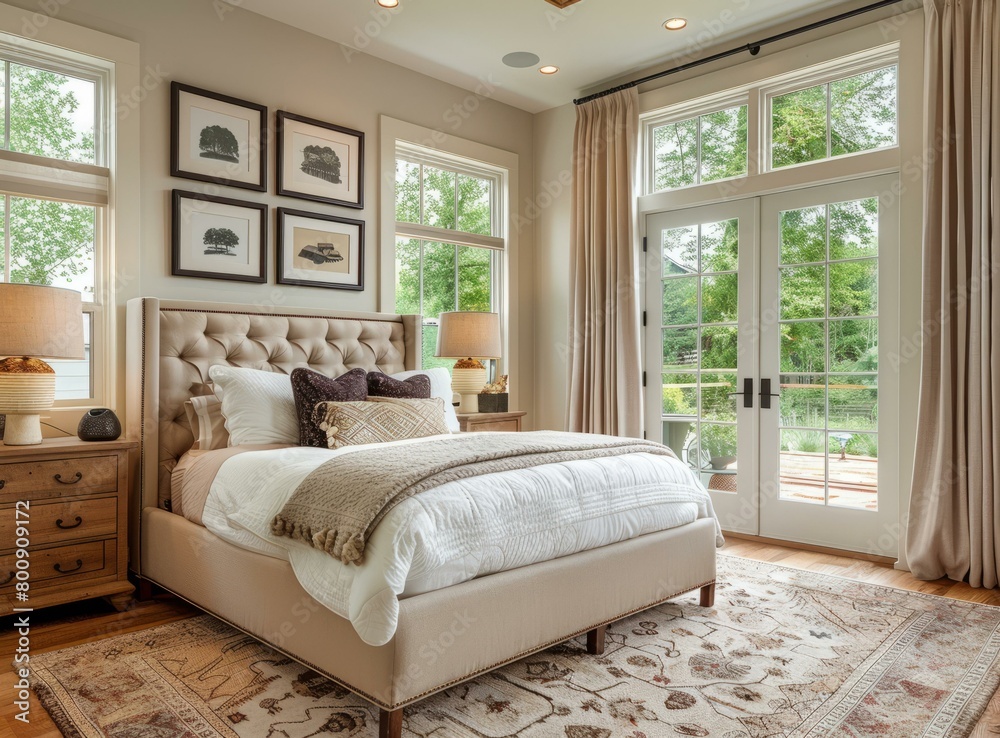 Fototapeta premium Elegant master bedroom with large windows and a tufted bed