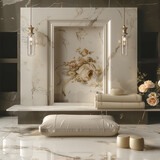 a luxurious product display template, a minimalistic yet stylish floral interior with marble textures and soft lighting