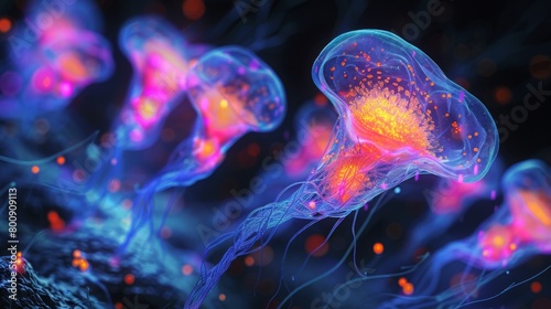 Showcase the process of neurogenesis in the brain, illustrating how neural stem cells divide and differentiate into new neurons throughout © jovannig