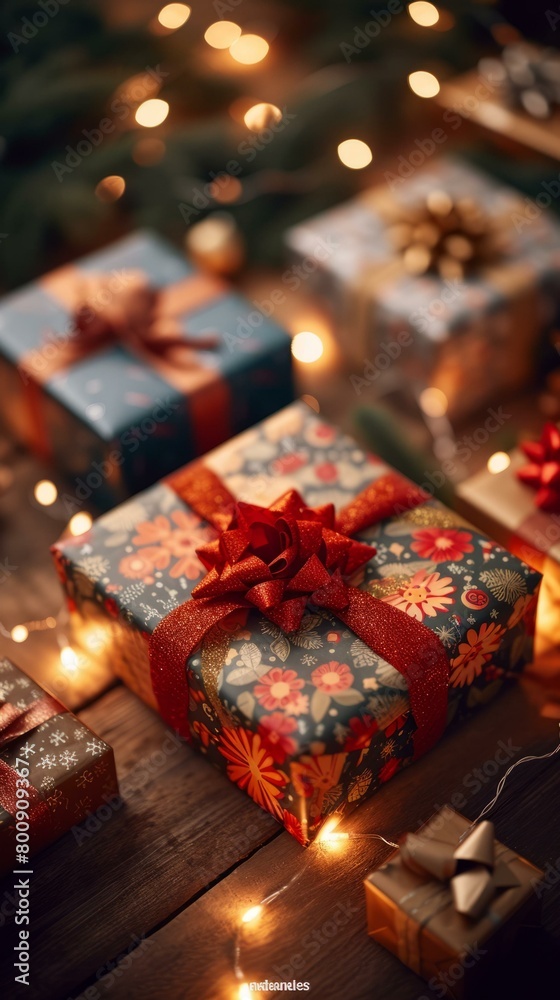 Christmas presents with red ribbon and bow on wooden table Christmas presents with red ribbon and bow on wooden table